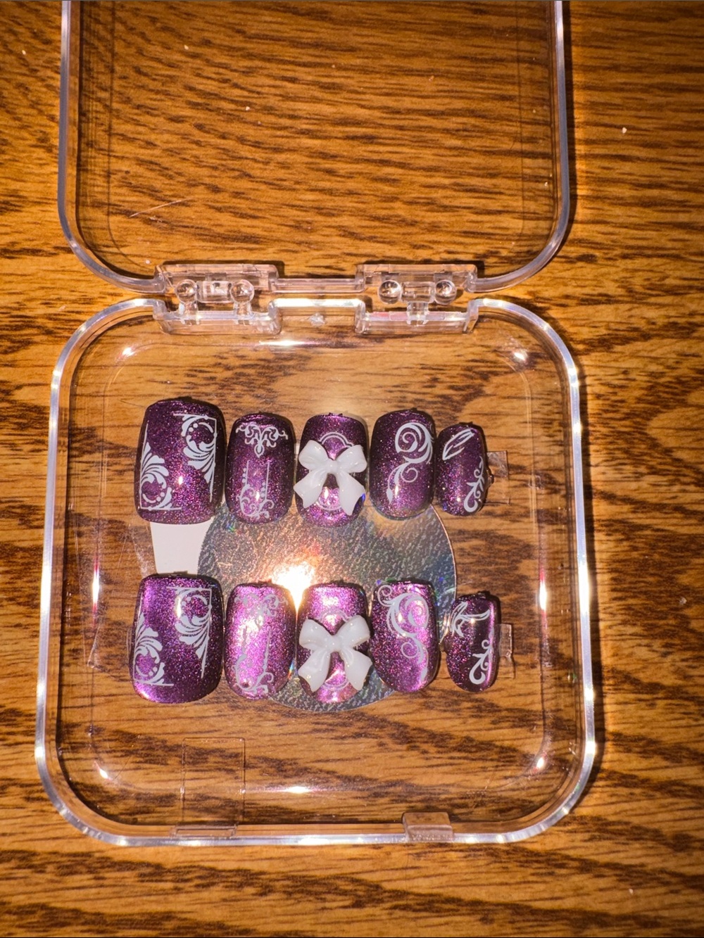 Purple Glitter Floral Press-On Nails with White Accents